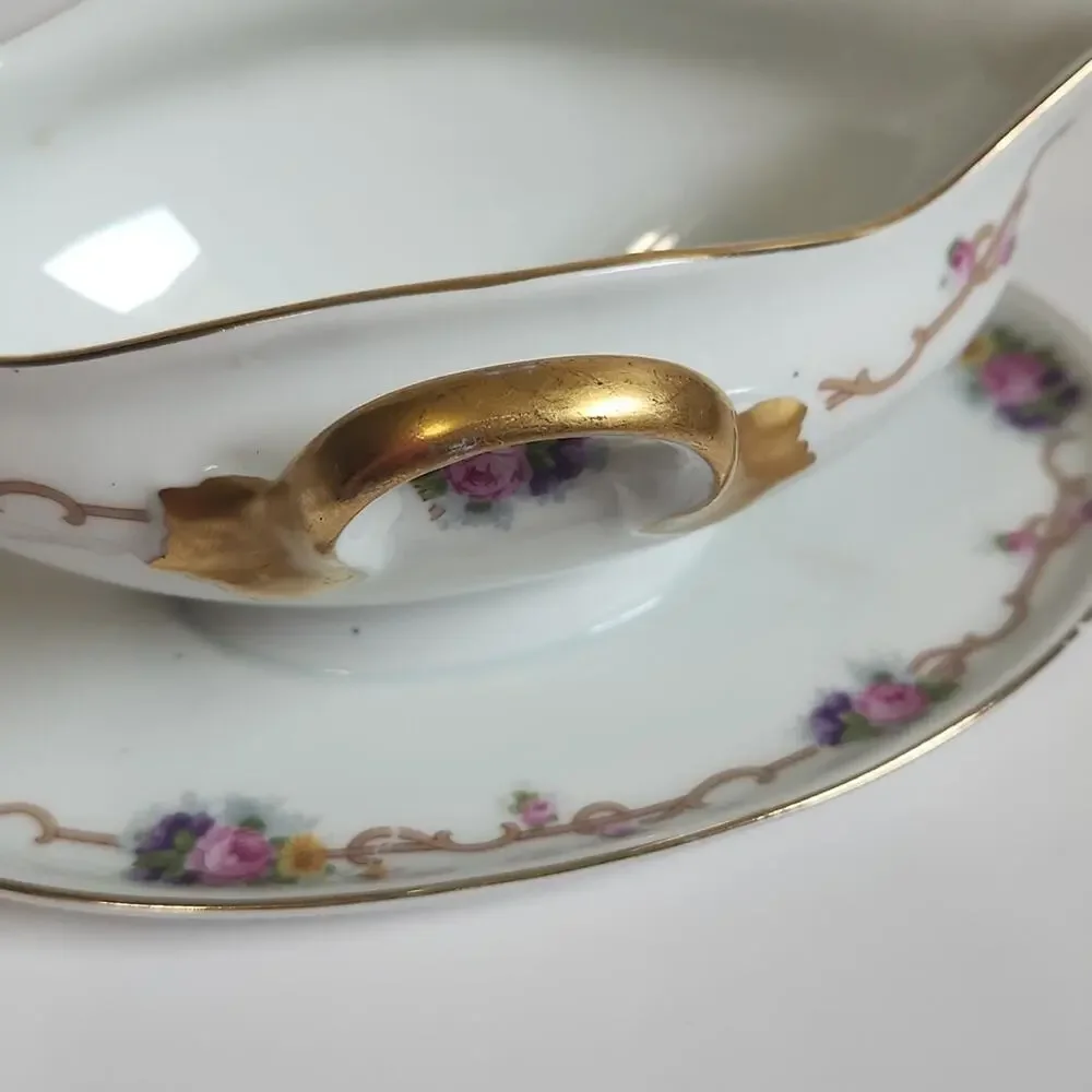 Vintage Royal Crafton‎ Gravy Bowl With Attached Plate Floral Gold Trim